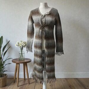 Twiggy Long Cozy Mohair Blend Cardigan Duster Fringe Tie Front Women's Size L